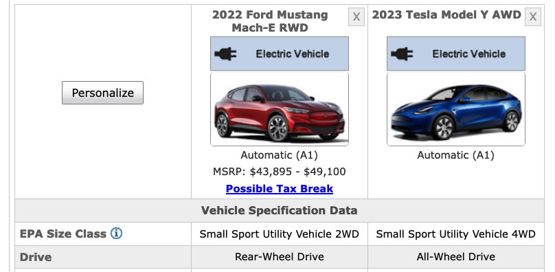 Ford Mustang Mach-E and Tesla Model Y example for EPA class