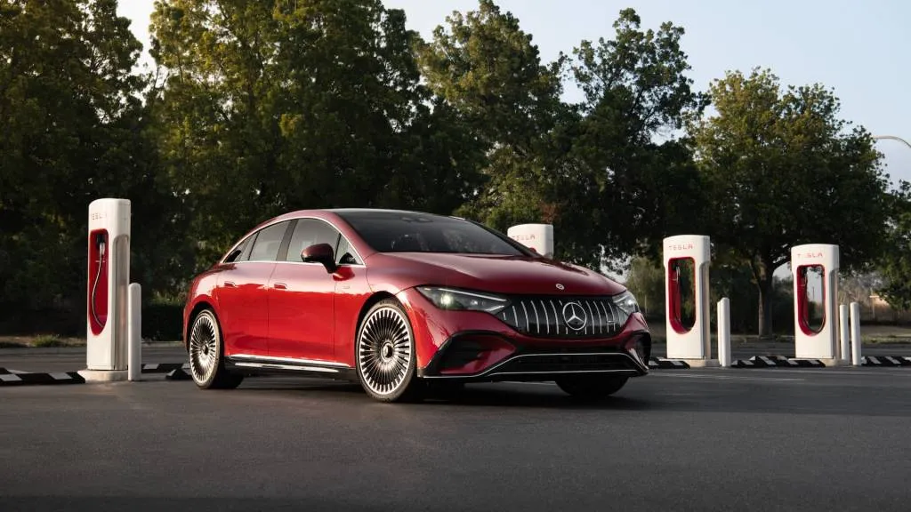 Mercedes-Benz AMG EQE sedan at Tesla Supercharger station