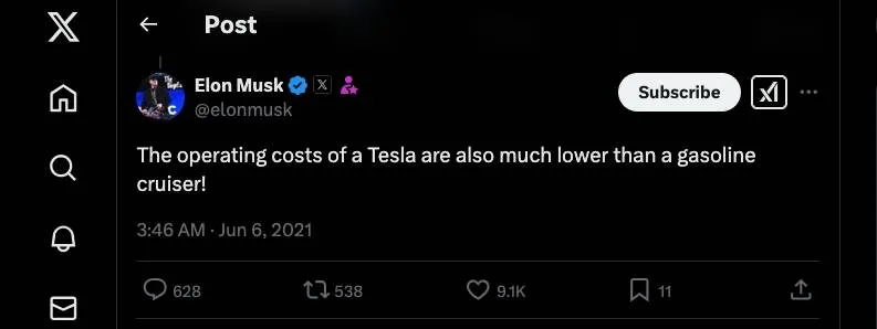 Tesla CEO Elon Musk suggesting Tesla EVs cost less for patrols